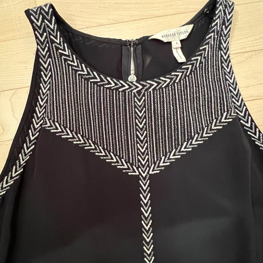 Rebecca Taylor black silk blouse with silver embroidery